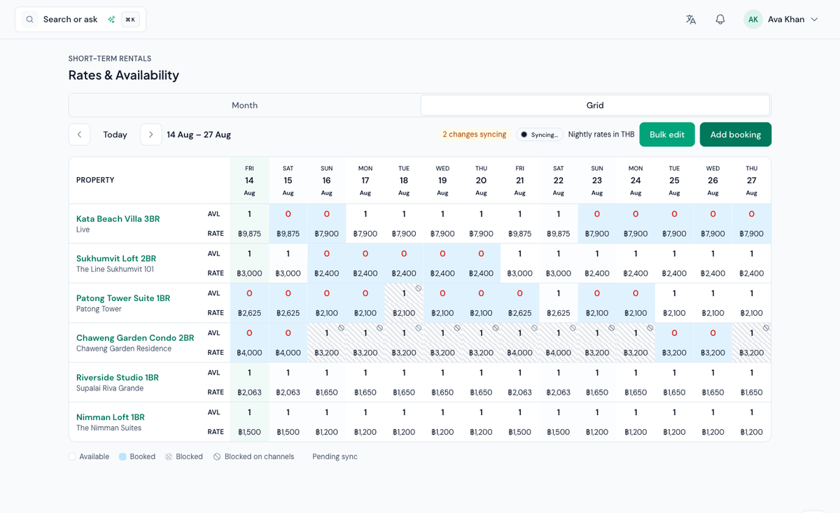 ProptekOS rates and availability grid across six Thai properties, priced in baht