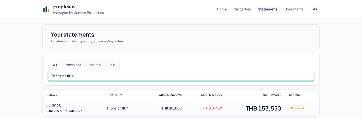 ProptekOS owner portal showing a July statement for a Bangkok property: gross THB 185,000, fees THB 31,450, net payout THB 153,550